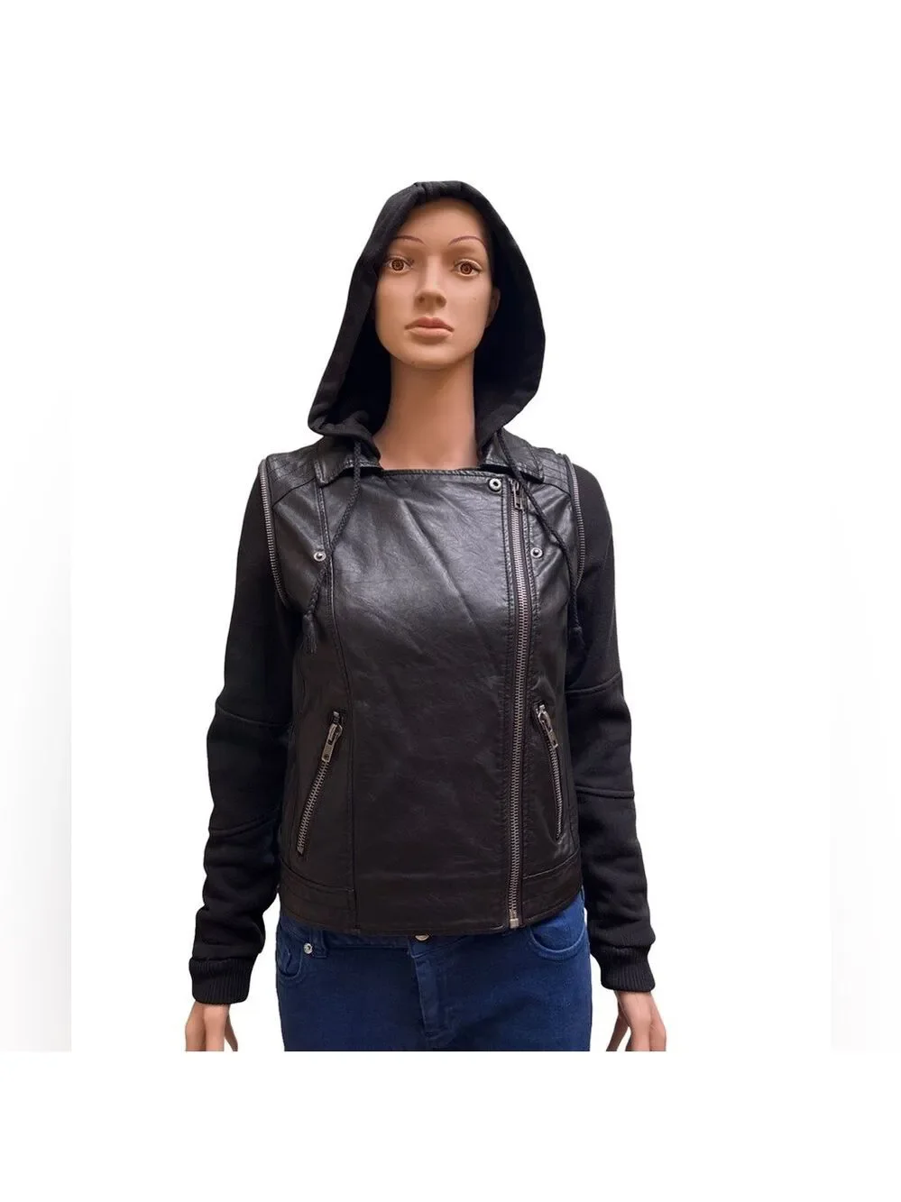 Jolt Black Vegan Leather Hooded Moto Jacket for Women Size Small NWT